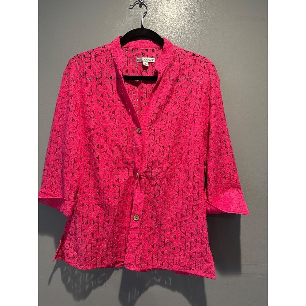 Rebecca Malone Small Hot Pink Sheer Floral Lace Cottagecore Boho Tropical Resort